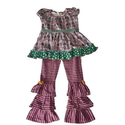 Matilda Jane Polka Dot Tree Shirt Top Pink Stripe Bennys Ruffle Pants Outfit 8 - Image 1 of 4