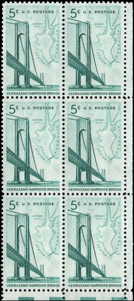 US Scott # 1258, Verrazano-Narrows Bridge, Block of (6) 1964 5¢ Stamps, MNH - Image 1 of 1