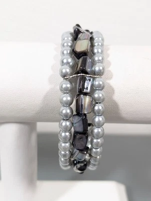 Beachy Boho Gray Faux Pearl Shell Cuff Bracelet 7" - Image 1 of 4