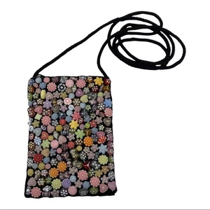 Multicolored Beaded Black Crossbody Mini Purse Bag Flowers Crystals NWOT - Picture 1 of 8