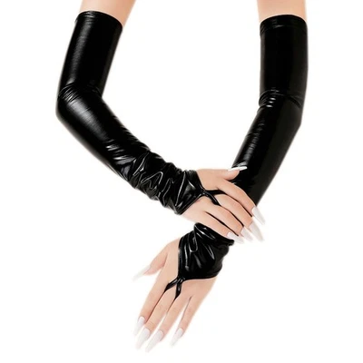 SALES Black  Wet Look Faux Leather Elbow Length Fingerless Gloves One Size S/M/L - Image 1 of 2