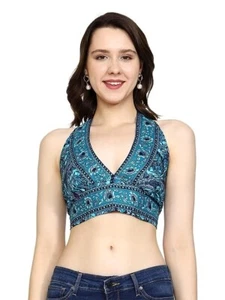 Boho Beach Party Indian Women Silk Top Neck Top Halter Top Floral Printed Hippie - Picture 1 of 1
