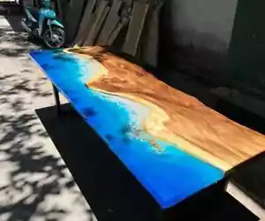 Custom Long Live Edge Ocean Resin Table, Handmade Blue Ocean Epoxy Resin Table - Picture 1 of 3