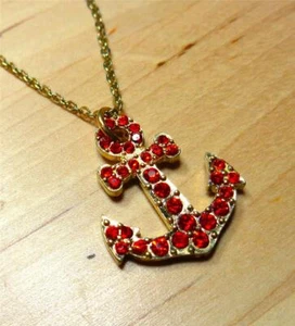 BEACH FASHION GOLD TONE RHODIUM NAUTICAL ANCHOR WITH RED STONES PENDANT NECKLACE - Picture 1 of 5