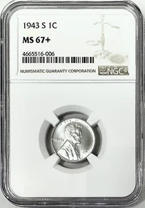 1943 S LINCOLN STEEL CENT NGC MS67+ - Picture 1 of 2