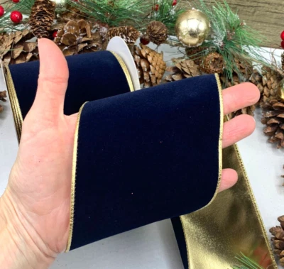 4" wired navy blue velvet ribbon gold Christmas wreath bouquet BY THE METRE - Image 1 of 3