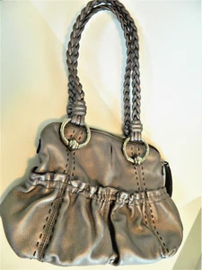 B MAKOWSKY SILVER GRAY LEATHER METALLIC BRAIDED HANDLE HANDBAG PURSE - Picture 1 of 10
