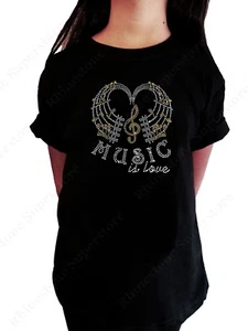 Girls Rhinestone T-Shirt " Music is Love with Music Notes " in Size 3 to 14 - Picture 1 of 2