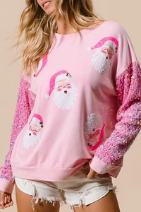 Pink Sequined Santa Claus Long Sleeve Christmas Sweatshirt - Picture 1 of 8
