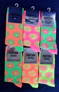 Ladies fun novelty neon coloured flower print ankle socks size 4-6