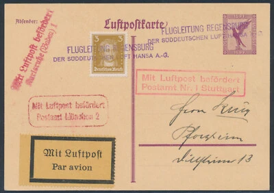 Dt. Reich Stempel Flugleitung Regensburg Luftpostkarte nach Pforzheim (S23410) - Bild 1 von 2