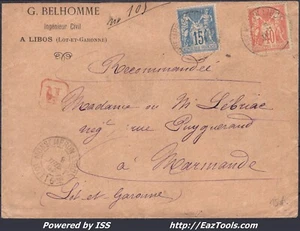 FRANCE N°94+99 SUR LETTRE RECOMMANDÉE CAD MONSEMPRON LIBOS DU 08/07/1892 - Picture 1 of 2