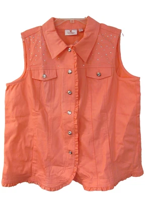 NWT Quacker Factory Ruffle Vest Rhinestone Yoke Coral Pastel Pink Size Large - Image 1 of 4