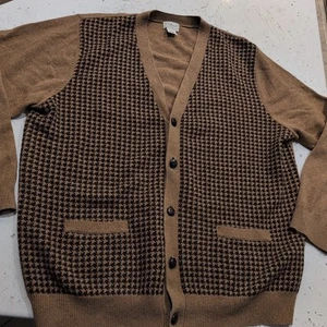 LL Bean Lambs Wool Cardigan Sweater Mens XXL Brown Houndstooth Leather Button - Picture 1 of 13