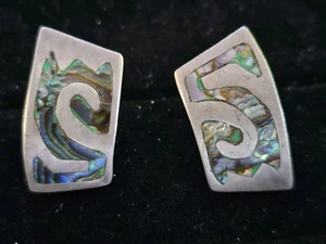 VTG TAXCO MEXICO ABALONE & STERLING SILVER MID CENTURY MODERN SCREW ON EARRINGS - Picture 1 of 2