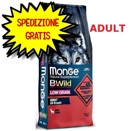 MONGE CANE CROCCHETTA BWILD LOW GRAIN ALL BREEDS ADULTO CON CERVO 12 KG - Immagine 1 di 1