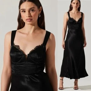 NWT ASTR Aeris Satin Lace Trim Maxi Dress | Black | SZ XL - Picture 1 of 11
