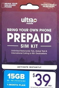 Ultra Mobile 3-miesięczny 15GB Data Plan Prepaid SIM Kit - Zdjęcie 1 z 3