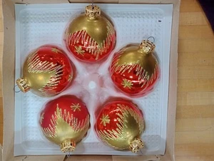 Vtg 5 Glass Christmas Red Gold Bauble Ball Ornaments Glitter Ornate West Germany - Picture 1 of 5