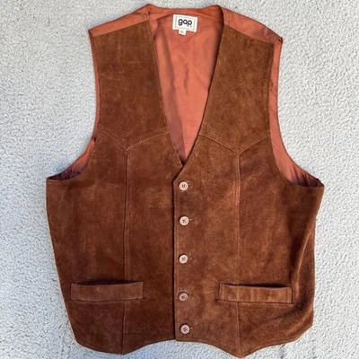 Vintage 1970’s Gap Suede Brown Vest Button Up Retro Western Hippie Men’s XL - Image 1 of 4