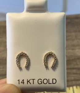 14K gelb echt massiv Gold cz weiß Hufeisen Schlaf Ohrstecker Schraubverschluss - Bild 1 von 6