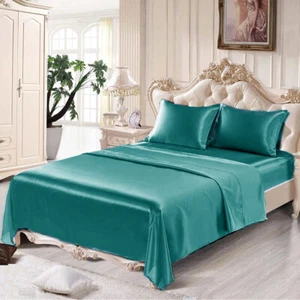 Satin Silky Sheet Set Smooth Deep Pocket Bed Flat Fitted Sheet with Pillowcase - Picture 1 of 39