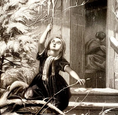 1859 钢刻女孩挑选冰柱维多利亚圣诞节冬季艺术 DWY5D — 第 1/2 张图片