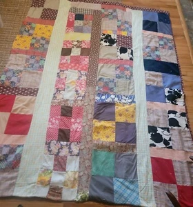 Vintage Wende Patchwork Schneider Quilt zerrissen abgenutzt ausgefranst getragen Apx 84x64 - Bild 1 von 9