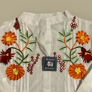 Madison Mathews Tunic Blouse Sheer Top Pullover Embroidered 100% Cotton Size XS - Picture 1 of 5