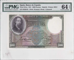 Spain 1931 1000 Pesetas P-84Aa PMG Choice Unc 64 EPQ - Picture 1 of 2