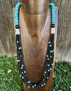 Sterling Silber Multi Strang Schwarz Onyx mit Türkis Perlen Halskette. 30 Zoll - Bild 1 von 12