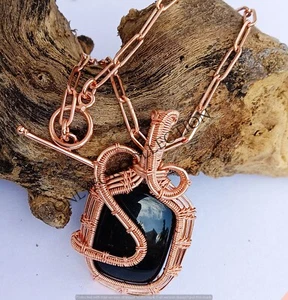 Black Onyx Gemstone Handmade Copper Wire Wrap Fashion Unisex Pendant With Chain - Picture 1 of 3