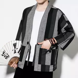 Men Striped Kimono Cardigan Coat Jacket Japanese Retro Haori Yukata Tops Pocket - Picture 1 of 14