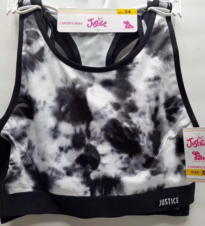 Girls 2 Pack Size 34 Sports Bras Justice Black Tie Dye White Oh So Soft Athletic