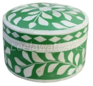 Bone Inlay Green Flower Design Round Decorative Box - Picture 1 of 6