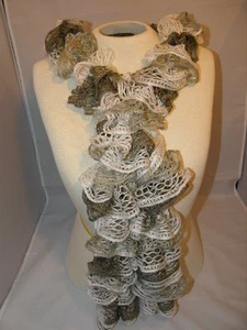 Handmade NEW Shades Cream & Khaki  Ruffled Scarf   74" Long - Picture 1 of 5