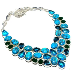 Copper Blue Turquoise, Blue Topaz Gemstone 925 Sterling Silver Necklace 18" l546 - Picture 1 of 6