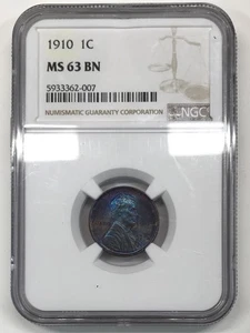 1910 P Lincoln Wheat Cent NGC MS63 BN - *Blue/Purple/Chocolate Rainbow Toning* - Picture 1 of 5