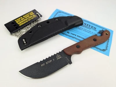 Tops Knives Pit Stop 3 Knife Micarta Handles Bottle Opener Kydex Sheath USA Made - Image 1 of 4