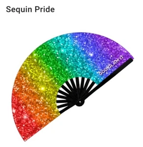 God Glam It Glitter/Sequin Bamboo Clack Fan Gay Pride Club Rave Party- NEW - Picture 1 of 2