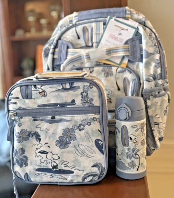 SNOOPY Pottery barn School Peanuts Disney BACKPACK LUNCH BOX BAG WATER travel  . - Image 1 of 4