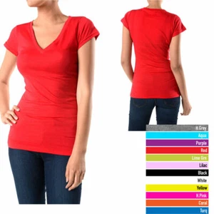 2 Pcs; Women's Summer Stretch V Neck Crew Slim Fit Tank Top Jersey T-Shirts - Picture 1 of 4