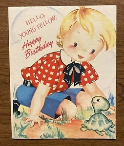 Tarjeta de felicitación americana feliz cumpleaños años 40 vintage niño con tortuga mascota P1G - Imagen 1 de 12