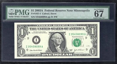 FR. 1931-I 2003-A $1 FRN FEDERAL RESERVE NOTE MINNEAPOLIS, MN PMG GEM UNC-67EPQ - Image 1 of 2