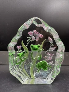 Heavy Glass Crystal Art Sculpture Paperweight Etched Cut Frogs - Picture 1 of 6