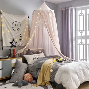 Bed Canopy Kids with Pom Pom, Cotton Princess Canopy with String Light for Girls - Picture 1 of 12
