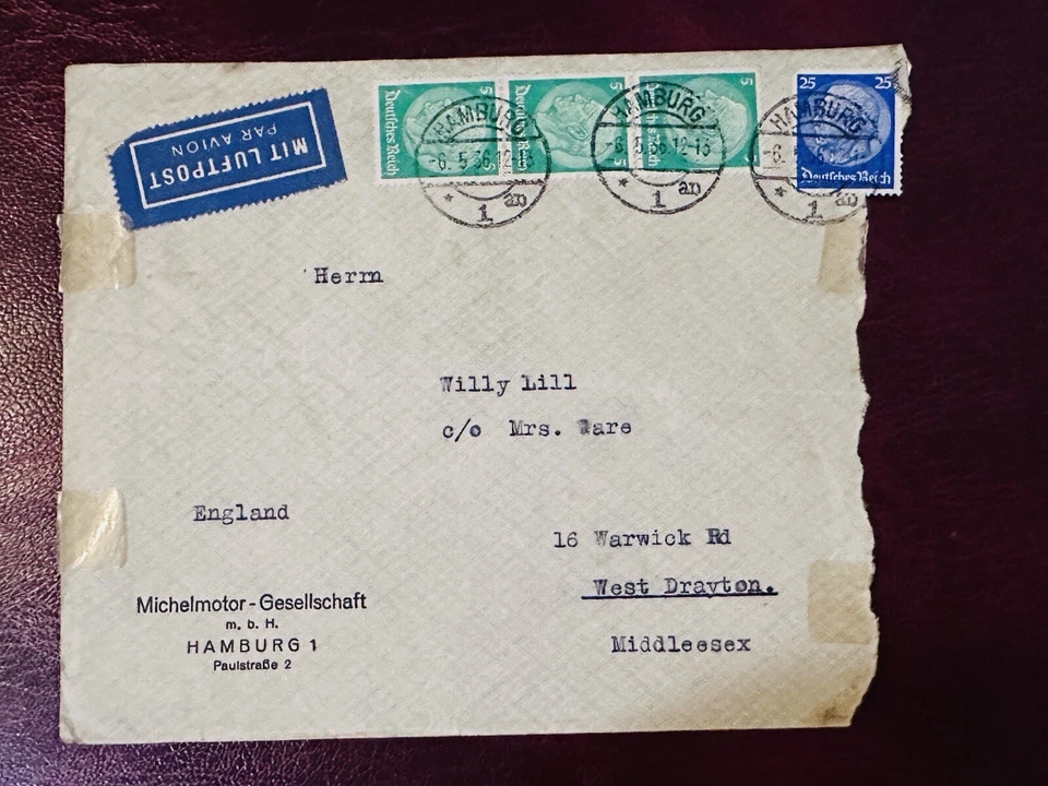 Germany THIRD REICH 1936 COVER TO ENGLAND HAMBURG POSTMARK (DEFECT SEE PHOTOS) - Image 1 of 2