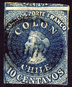 CHILE 1856-1860 10c. COLON ESTANCOS SANTIAGO Estampado Chile #8 Scott #10 SG 23 Wmk3 - Imagen 1 de 2