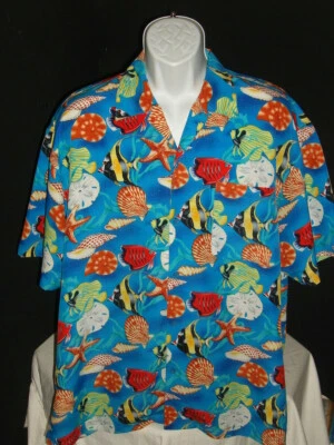 Bar Code Multi Color Marine Coral Fish Print 100% Poly S/S Hawaiian Shirt Sz. L - Image 1 of 4