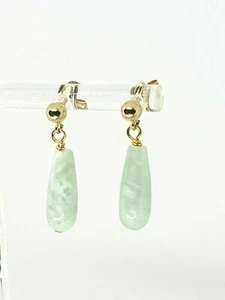 14k Yellow Gold Green Moonstone Teardrop Drop Dangle Earrings Ball Post - Picture 1 of 4